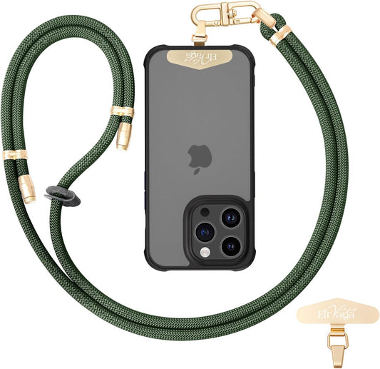 Adjustable Anti-Theft Phone Lanyard - 8mm Mountain Climbing Rope Neck & Crossbody Strap with Secure Locking Metal Clip - Rugged Outdoor Design for Smartphones (Dark Green)