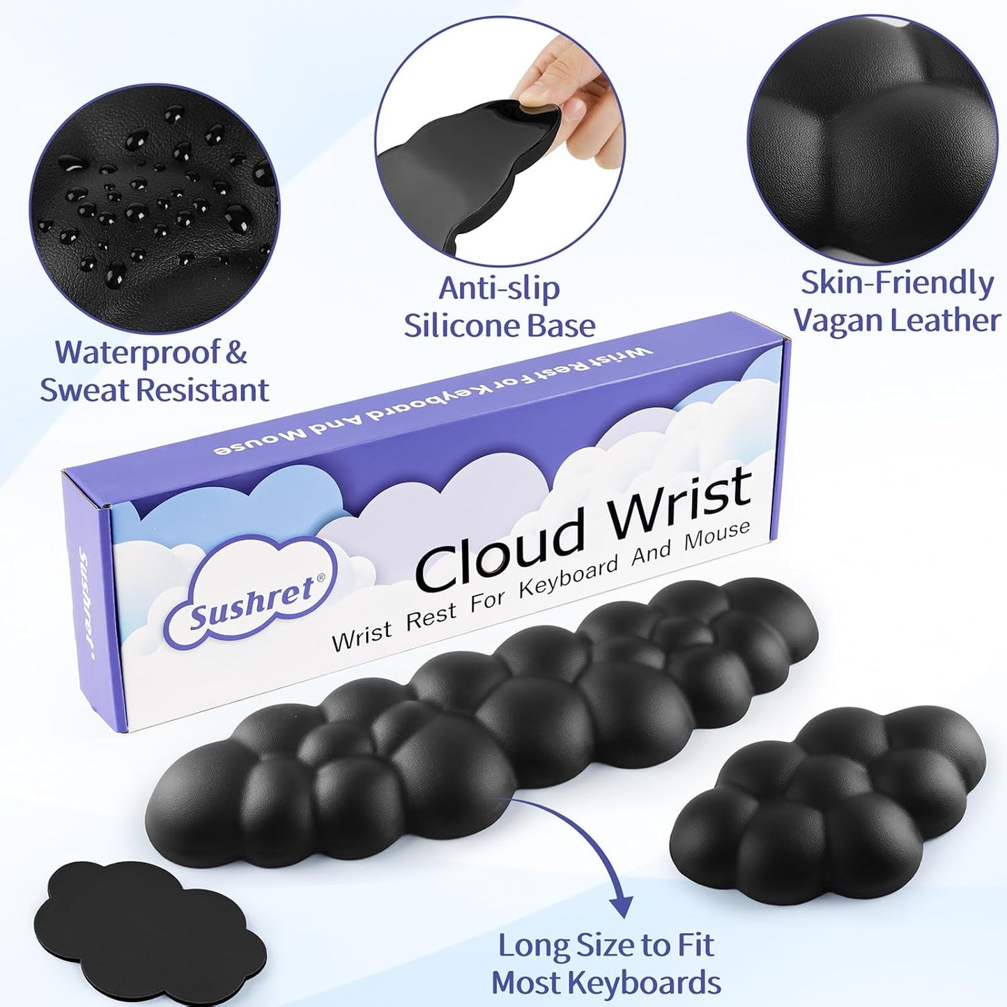 Cloud Wrist Rest Keyboard, Cloud Keyboard Wrist Pad Set with PU Leather Memory Foam, Cute Arm Rest for Palm Support, PC/Gaming Desk Accessories/Office Setup/Computer Hand Cushion - Black