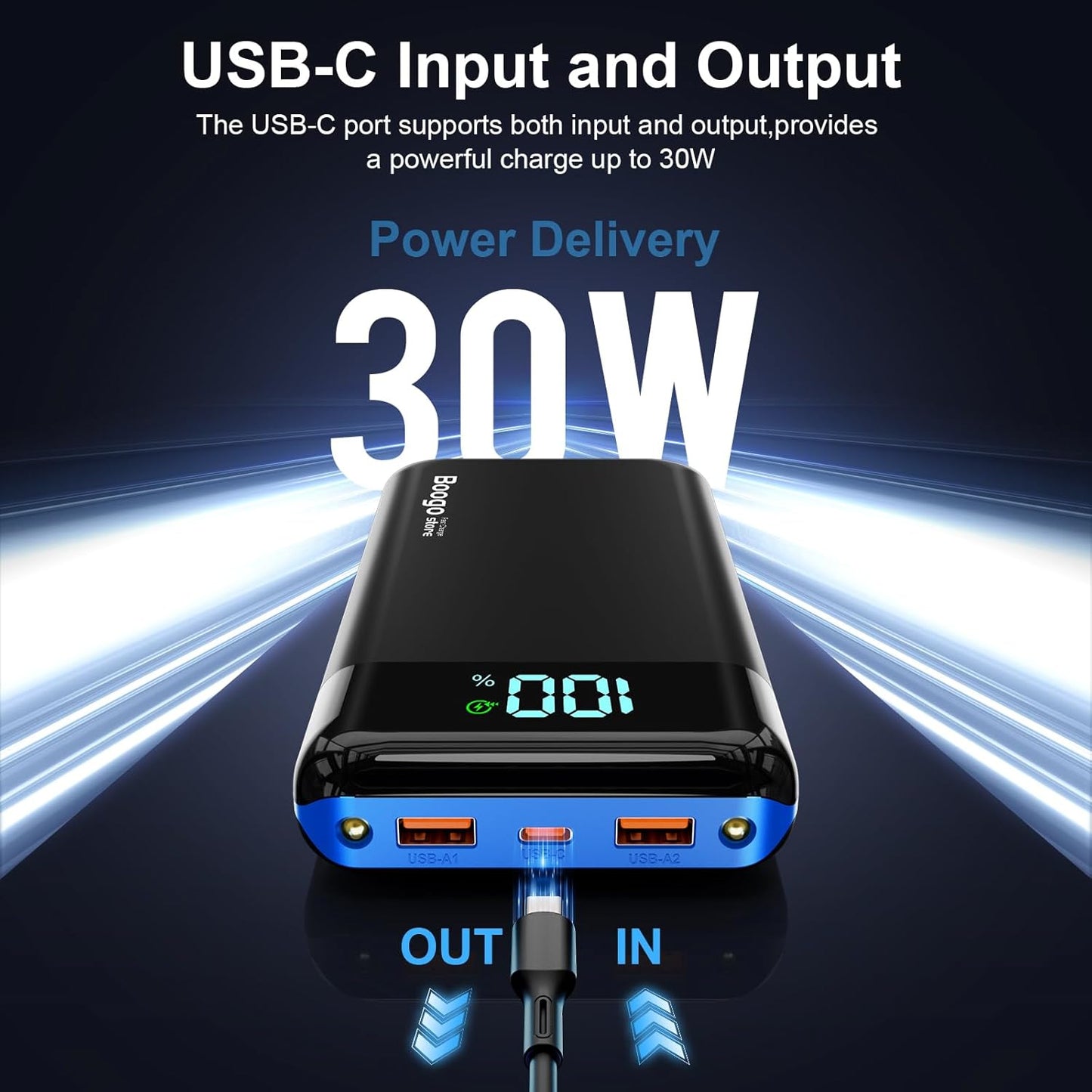 Portable Charger Power Bank 52800mAh Powerbank PD 30W and QC 4.0 Fast Charging Built-in Bright flashlight LED Display 2 USB 1Type-C Output External Battery Pack for iPhone, Samsung, iPad etc (blue)
