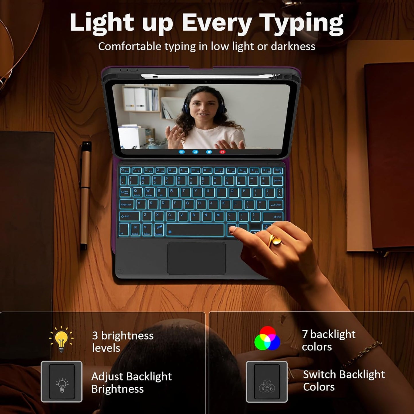 MoKo Touch Keyboard Case for iPad (A16) 11th Generation 11 inch 2025, iPad 10th Generation 10.9 inch Case with Pencil Holder, 7 Colors Backlit Multi-TrackPad Detachable Bluetooth Keyboard, Dark Purple