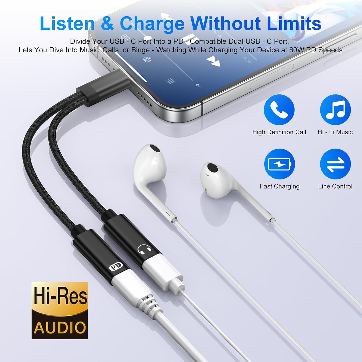 USB-C Headphone and Charger Adapter,2in1 USB C Splitter Dongle Cable with 60W Fast Charging Audio Adapter for iPhone 17 Pro Max 16e 16 Pro 15 Plus Samsung Galaxy A17 A16 A15 A36 A56 A55 S25 FE S24 S22