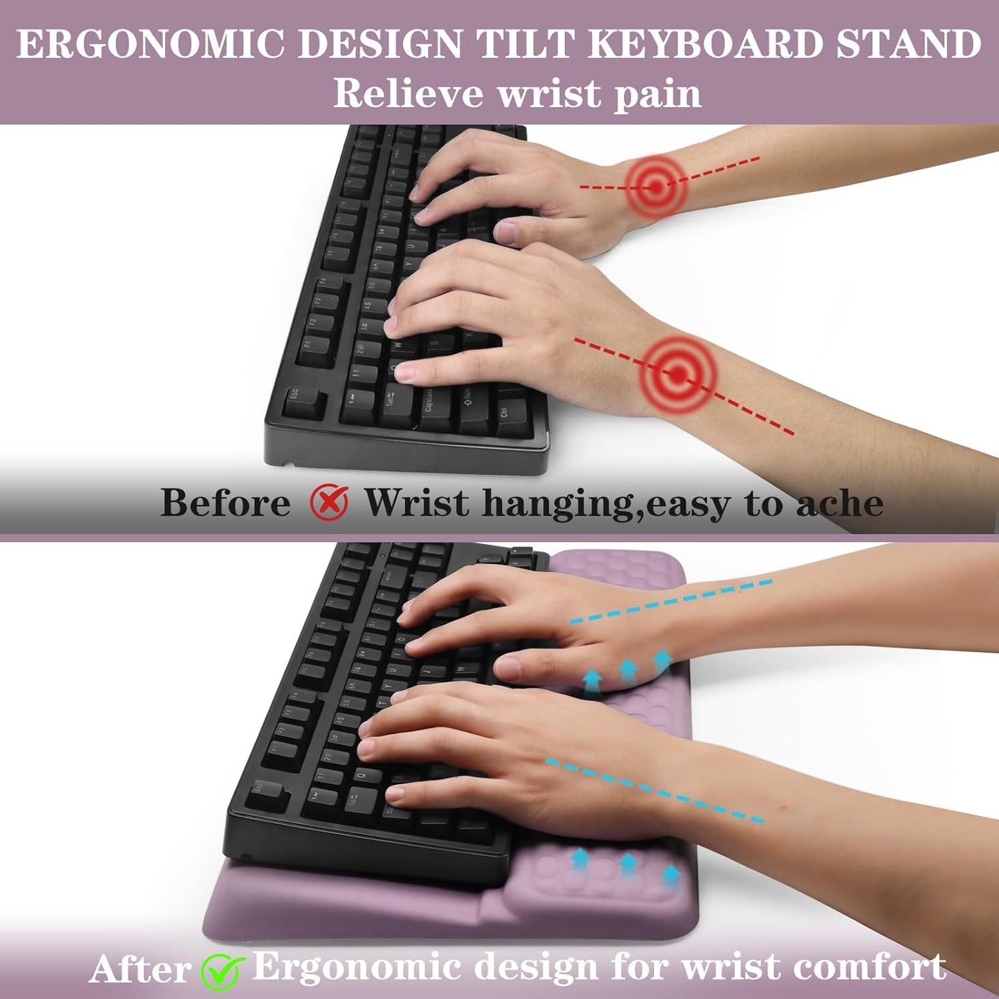 Computer Keyboard Stand Pad with Wrist Rest, Ergonomic Comfy Tilted Keyboard Stand Riser Holder Pad for Office Home (Purple)