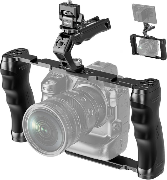 NEEWER Universal Camera Cage with Top Handle & Cold Shoe Monitor Mount, Arca Type Camera Gimbal Stabilizer Video Rig, Dual Handgrips & 3/8" for ARRI Compatible with SmallRig Accessories, CA016T+MA006