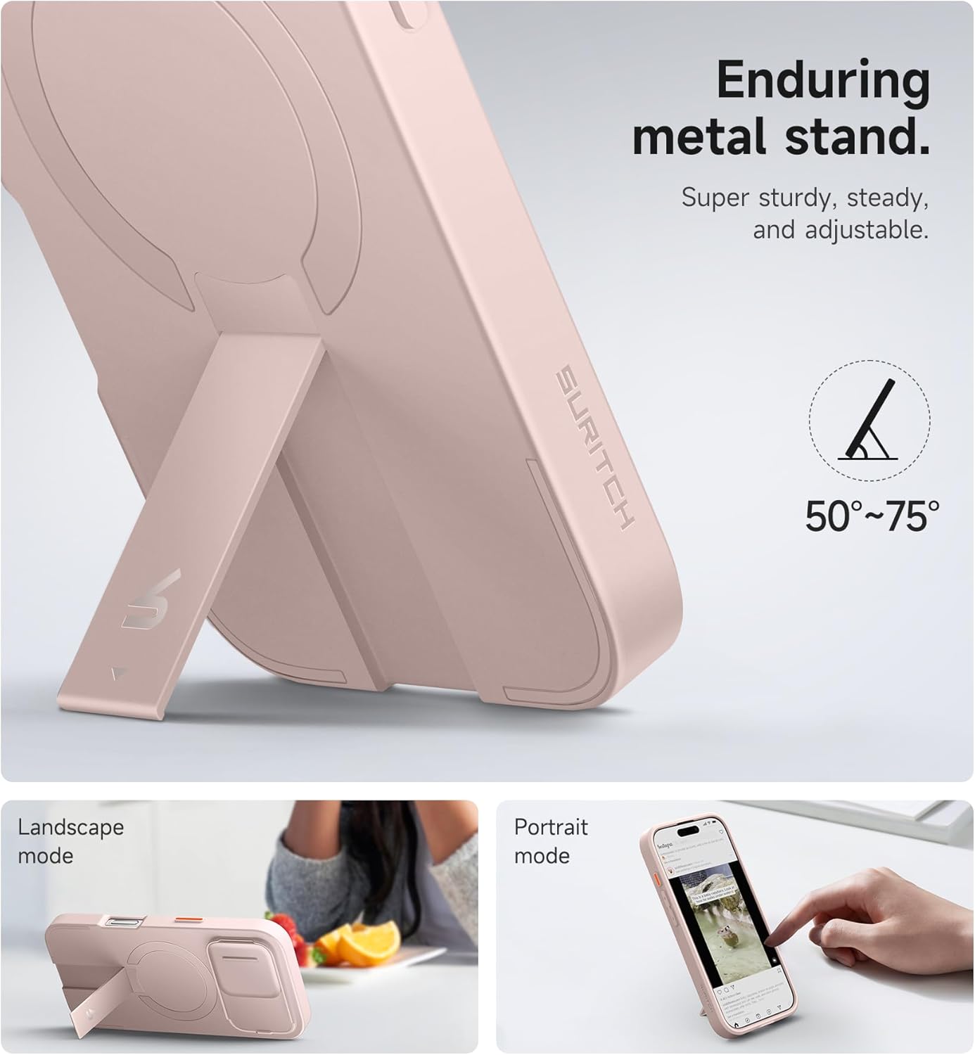 SURITCH for iPhone 16 Pro Case with Slide Camera Cover and Adjustable Kickstand, Compatible with MagSafe Protective Cover 6.3 Inch,Pink (ONLY Compatible with iPhone 16 Pro)