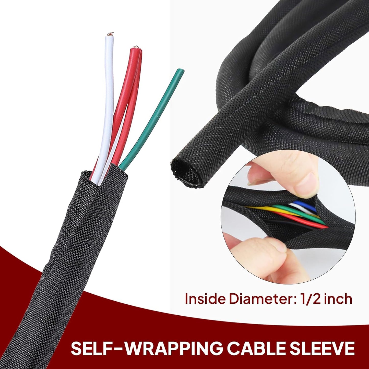 Black Braided Cable Management Sleeves Wire Loom Tubing Cord Protector Self-Wrapping (1/2"-12Feet)