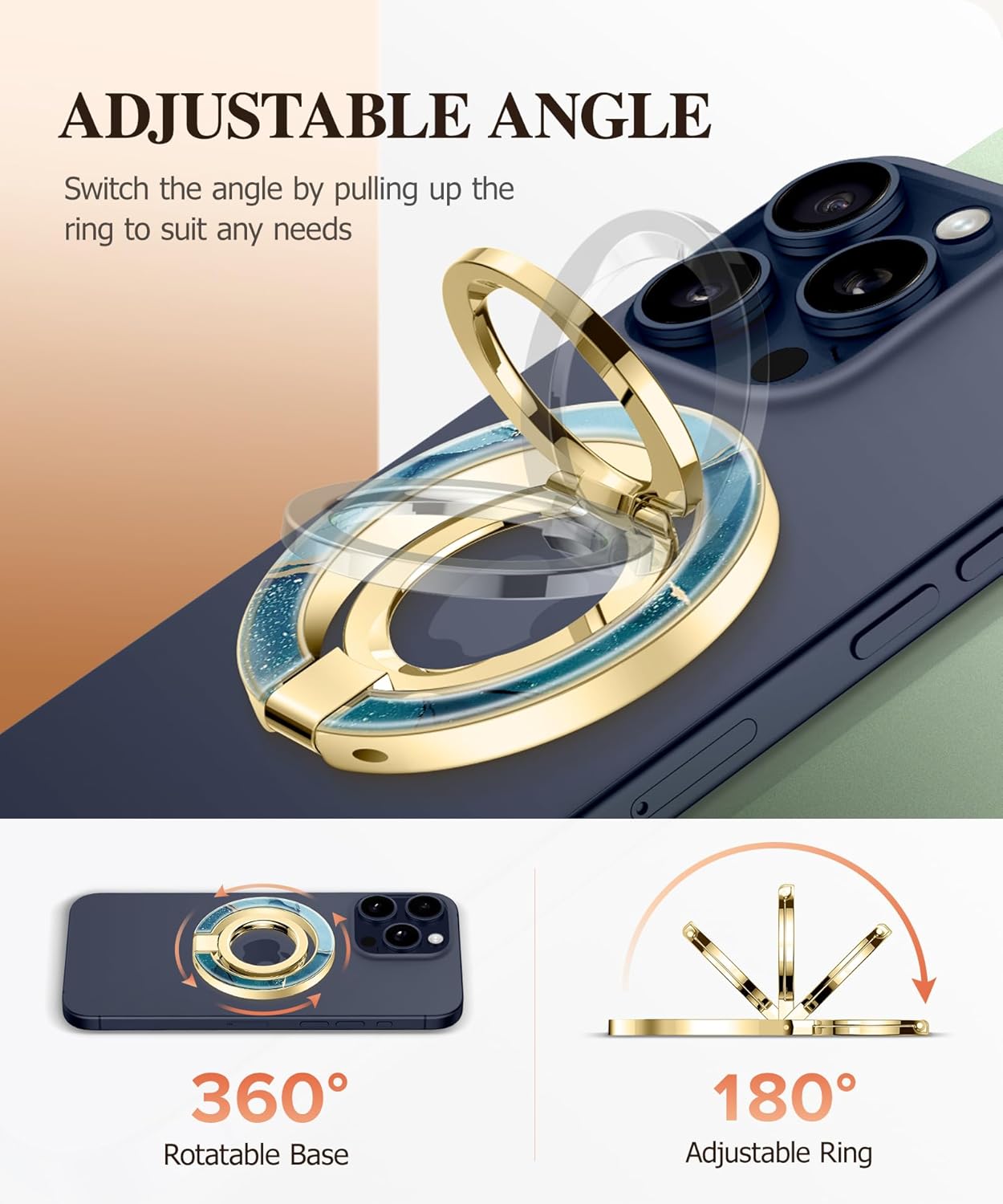 GVIEWIN Magnetic Phone Ring Holder, Compatible with MagSafe Phone Grip with Adjustable Stand, Magnet Phone Ring Kickstand for iPhone 16 Pro Max/Plus/15/14/13/12 Series/Other Phones (Navy Blue)