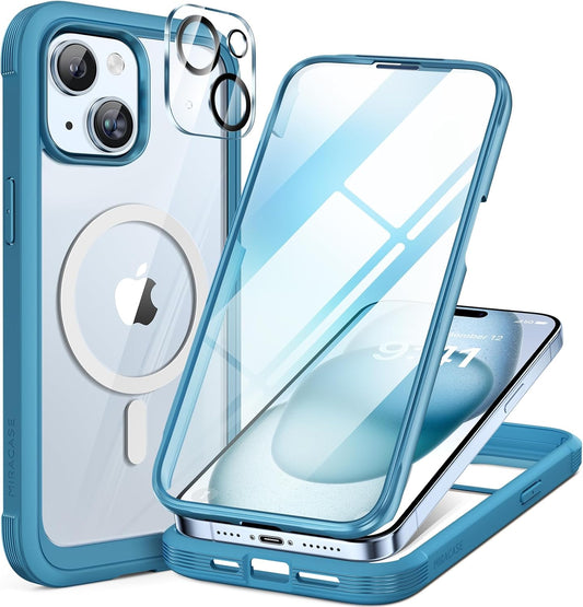 Miracase Glass Series for iPhone 15 Case [Compatible with MagSafe] Full-Body Magnetic Bumper Case with Built-in 9H Tempered Glass Anti-Fingerprint Screen Protector + Camera Lens Protector, Sea Blue