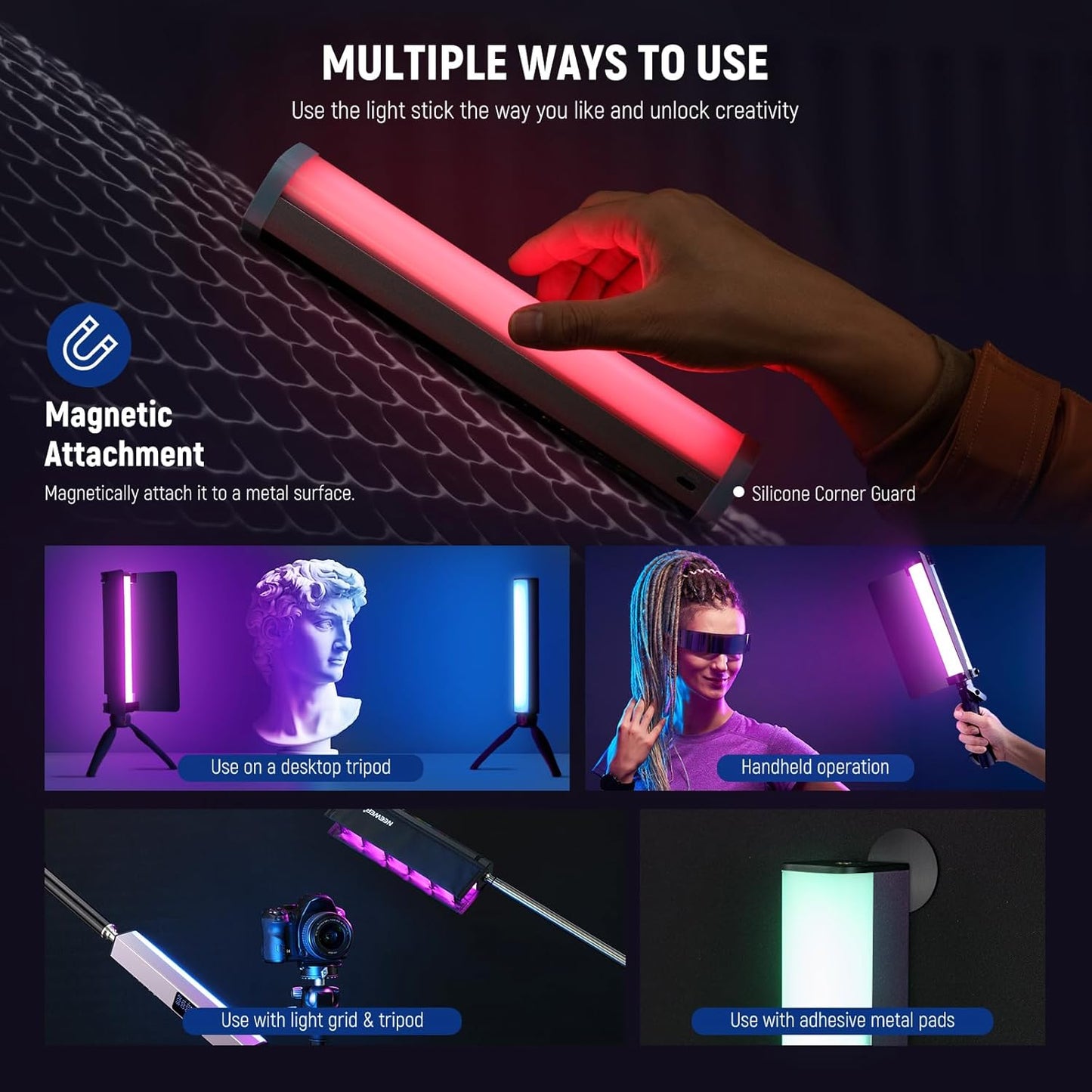 NEEWER RGB1 LED Tube Light Stick with Metal Barndoor, Handle, Touch Bar/APP Control, Magnetic Handheld RGB Video Light, 3200K-5600K CRI98+ Dimmable Photography Lighting with 6400mAh Battery, 17 Scenes