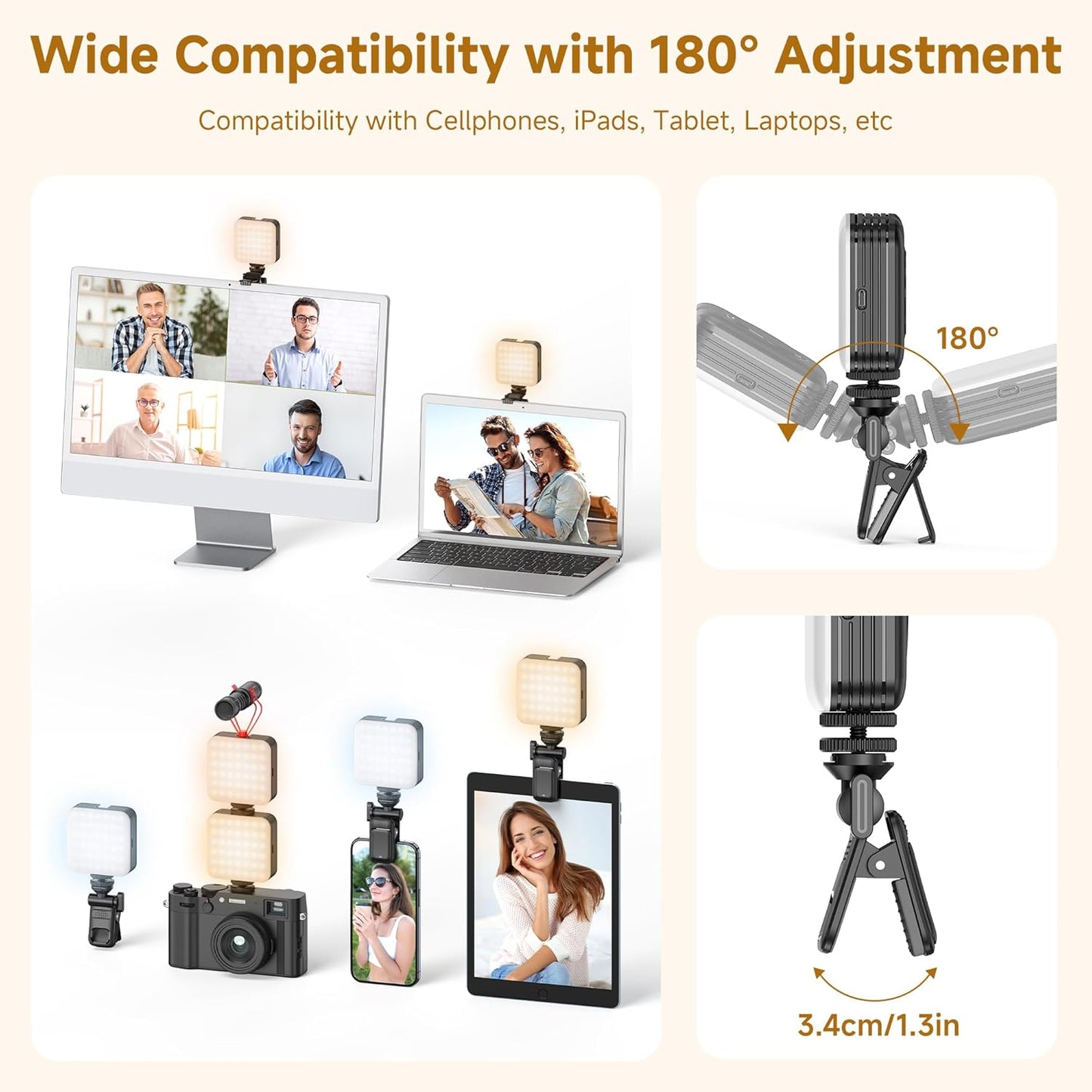 80 LED Selfie Light with 3 Modes, Portable Phone Light with Clip & 1/4 in Screw Hole, Rechargeable Clip Fill Video Conference Selfie Panel Lights for Phone/Camera/iPad/Laptop/TikTok