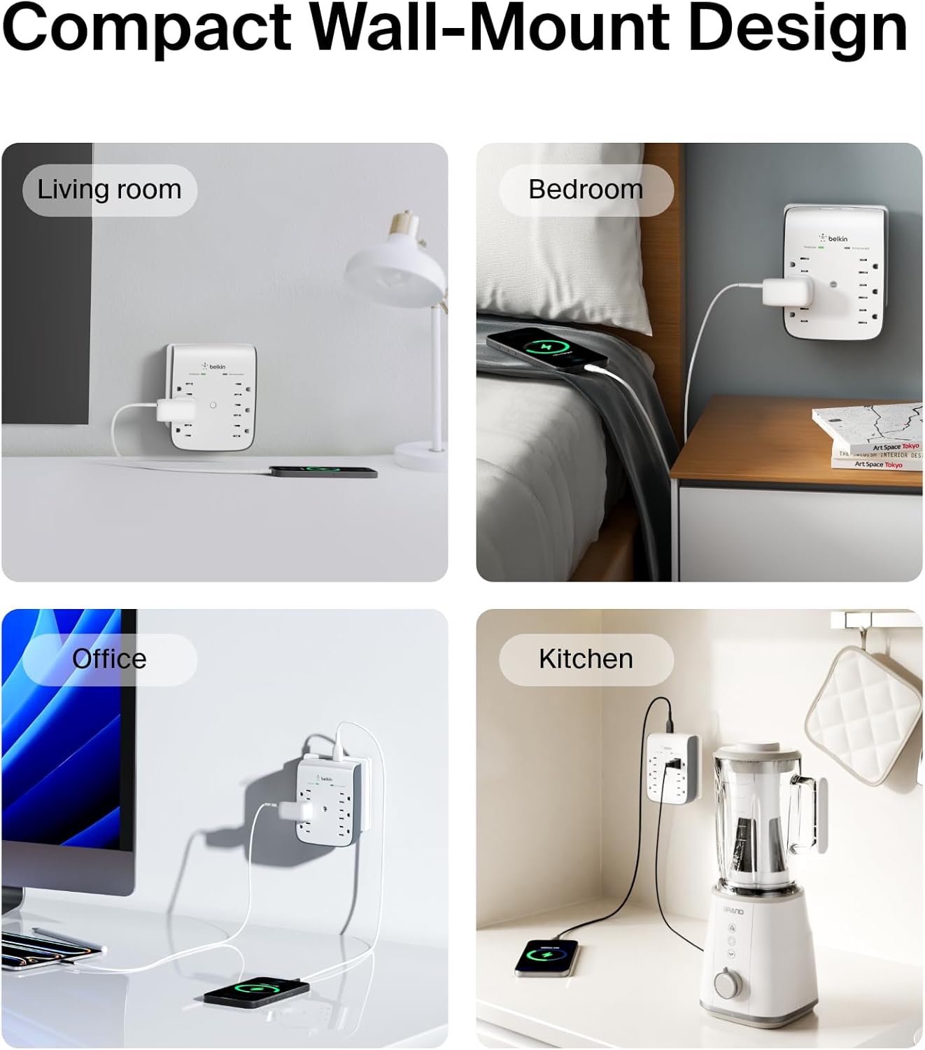 Belkin 6-Outlet Wall Surge Protector w/ 2 USB-A Ports, Wall-Mountable Surge Protector for Home, Office, Travel, Computer Desktop, Laptop, Phone Charger, & More - 900 Joules of Protection