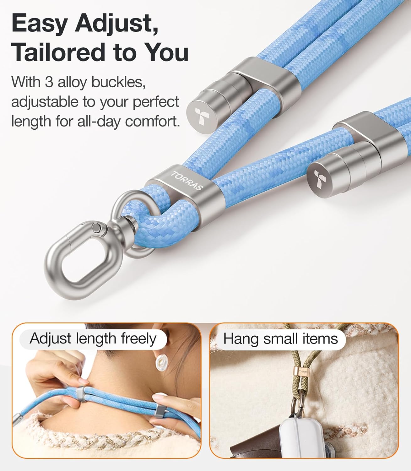 TORRAS Phone Lanyard Crossbody with 2 Phone Tabs, Adjustable Anti Theft Phone Strap for All Phones, Premium Metal Buckles, Skin-Friendly, Universal Cell Phone Neck lanyard for Women and Men, Blue