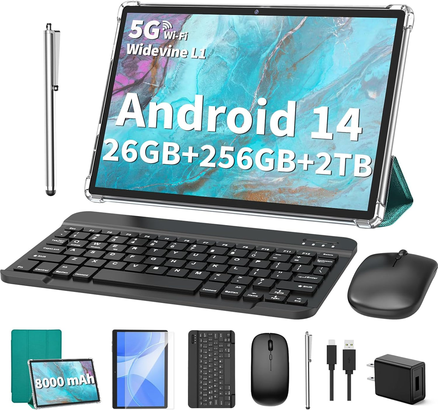 2025 Tablet, Android 14 Tablets 10 inch with Keyboard, 26GB RAM+256GB ROM(2TB Expand), 2-in-1 Tablets with 8-Core, 8000mAh, 5G WiFi, Widevine L1, GMS, with Case, Keyboard, Mouse, Stylus (Green)