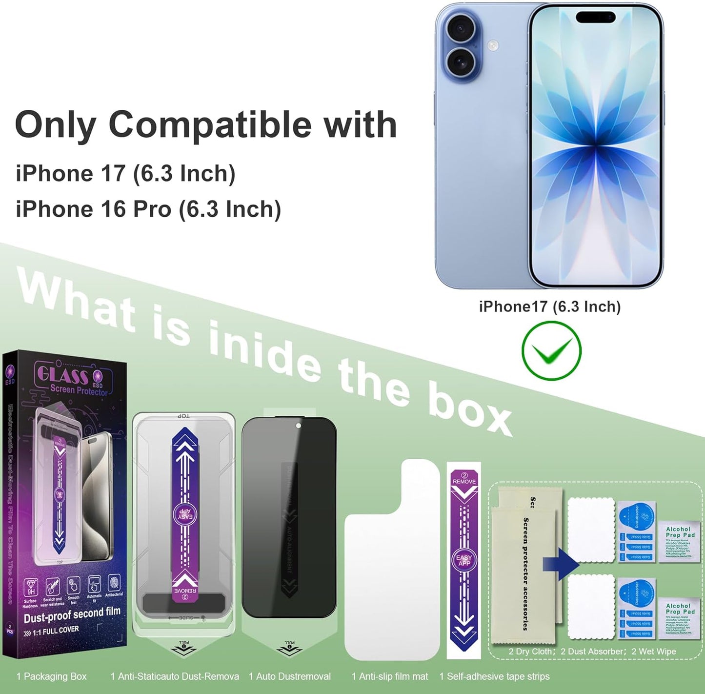 Privacy Screen Protector for iPhone 17, iPhone 16 Pro 6.3-Inch, Auto Dust Removal, 9H Tempered Glass, Full Cover, Anti-Fingerprint, Easy Installation,2 Pack