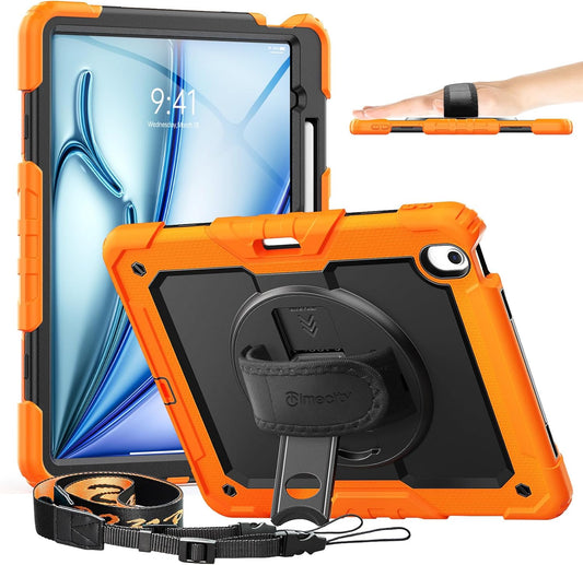 timecity for iPad Air 13 Inch Case M3 2025/ M2 2024, 360° Rotating Stand, Pencil Holder & Wireless Charging, Shockproof with Screen Protector & Shoulder Strap - for Designers & Professionals, Orange