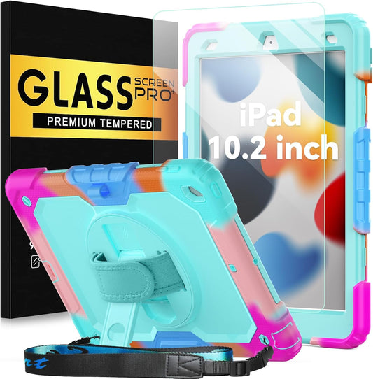 BLOSOMEET iPad Case for 9th Gen 10.2 inch 2021/2020 for Kids with Tempered Glass Screen Protector | iPad 8th/7th Generation Case Cover 2019 w/Stand Pen Holder & Hand Shoulder Strap |Turquoise