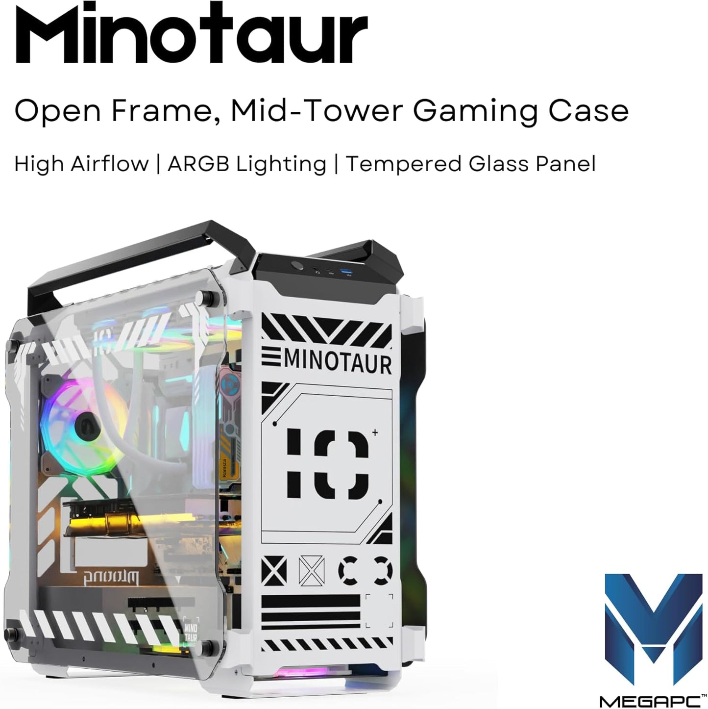 MegaPC Mino Open-Frame ATX Gaming Case – Industrial Design, Tempered Glass Panels, High Airflow, ARGB Lighting, USB-C Port (Black/White/Print Stream, with Fans Only)
