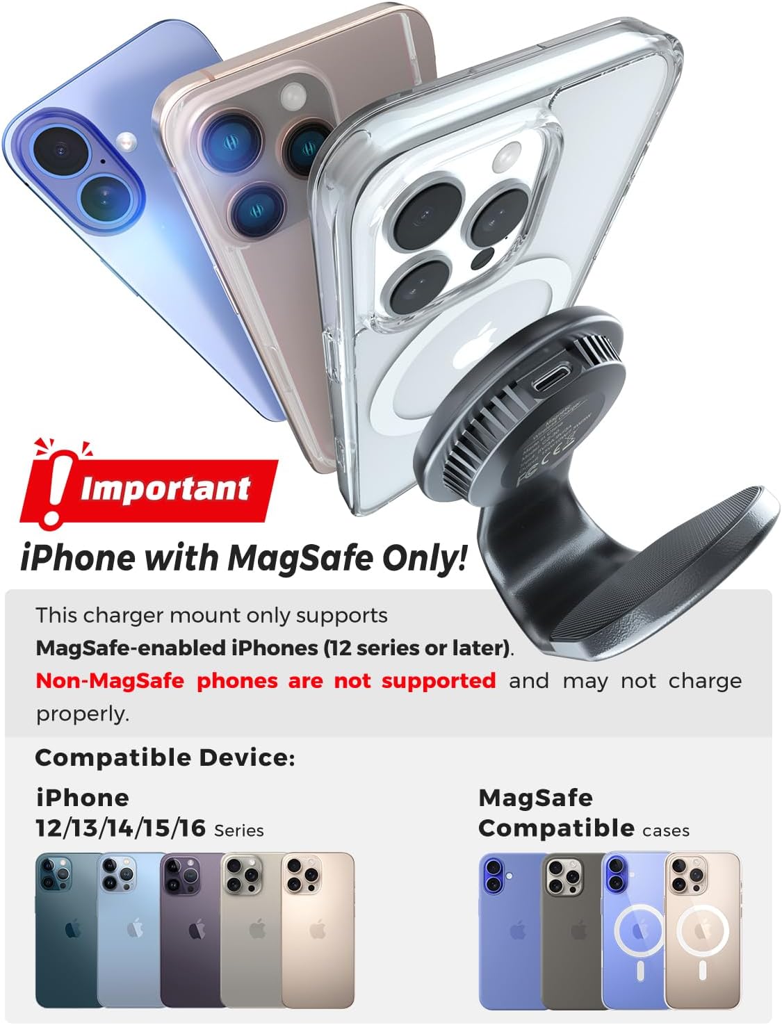 eSamcore for Magsafe Car Mount Charger, Wireless Magnetic Car Phone Holder Detachable 15W Fast Charging for Dashboard with Bendable Aluminum Arm Only Fit iPhone 16 15 14 13 12 Pro Max Mini