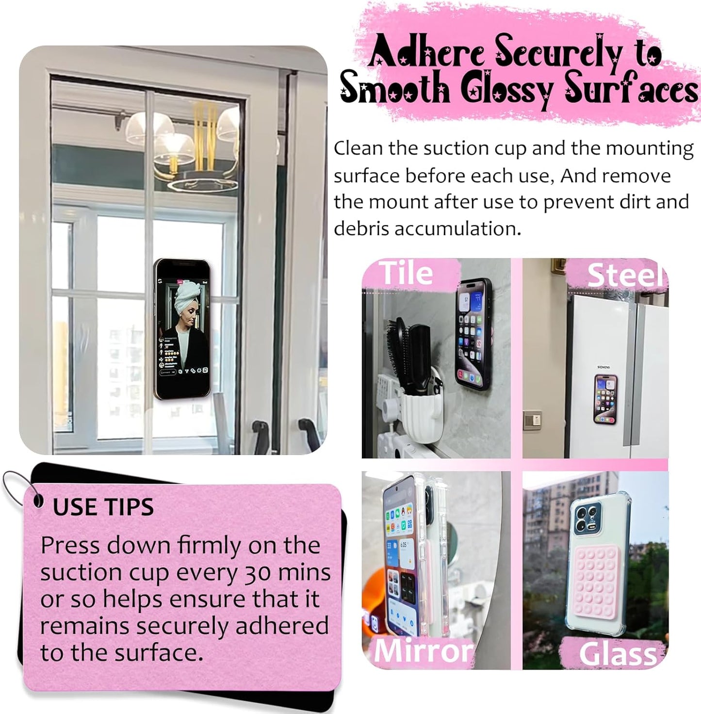 Silicone Suction Phone Case Mount, Non Slip Sticky Phone Grip for Cellphone, Silicon Adhesive Suction Cup Phone Mount, Strong Grip Holder for Selfies and Videos (Translucent)