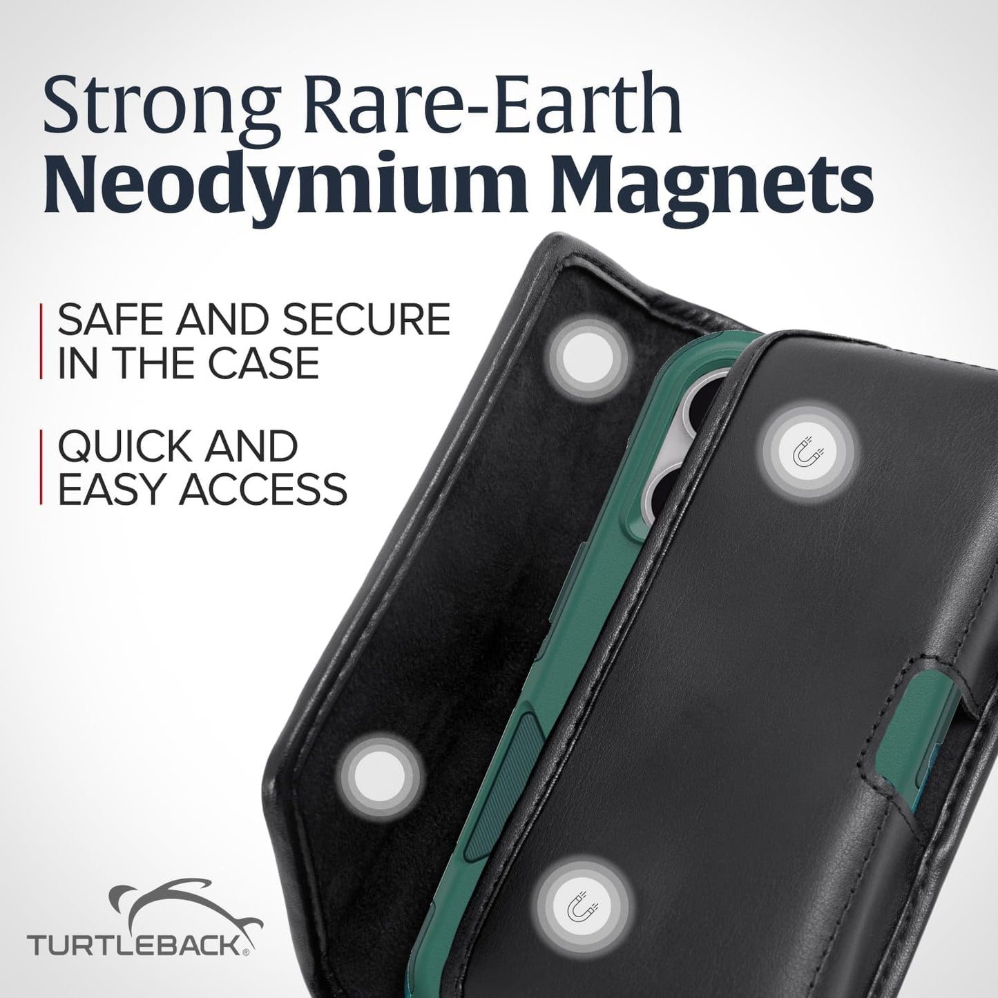 Turtleback Belt Holder for iPhone 16 Pro Max, 15 Pro Max, 14 Pro Max -Medium- Fits w/Shockproof Commuter Style Cases, Premium Black Leather Horizontal Case Magnetic Closure Leather Wrapped Clip