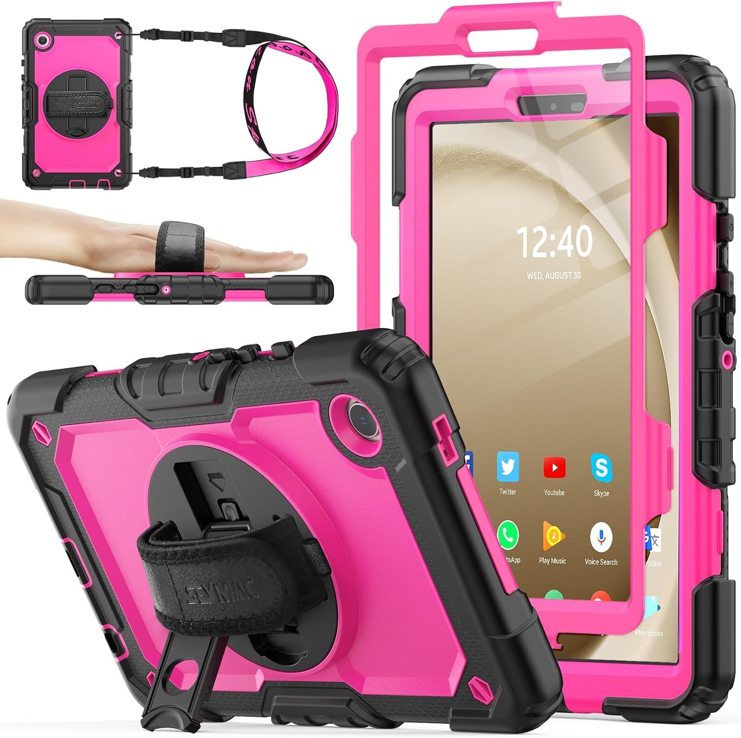 SEYMAC stock Case for Samsung Galaxy Tab A9 8.7'', Full-Body Drop Protection Case with Screen Protector Pencil Holder [360° Rotating Hand Strap] &Stand, Pink+Black