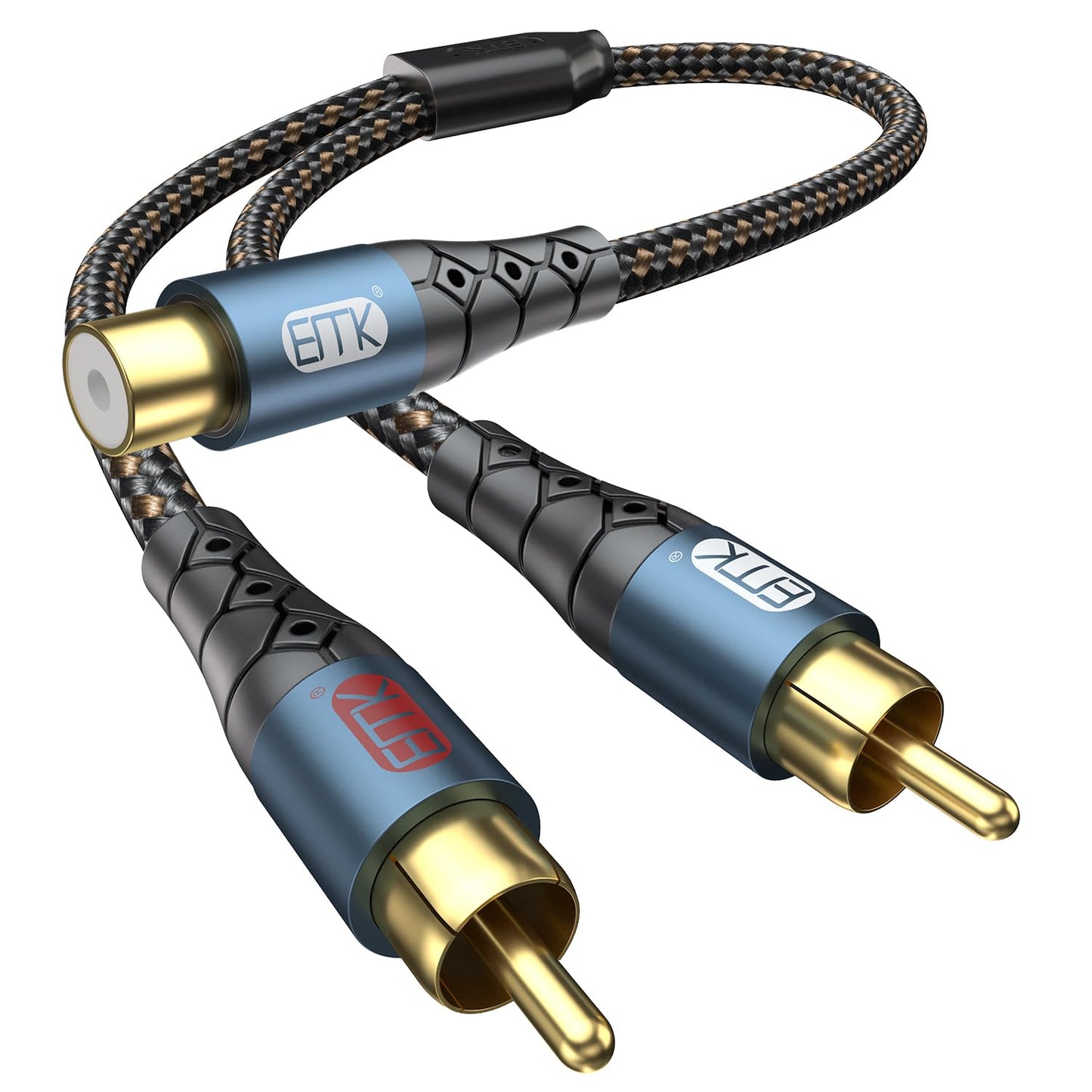EMK RCA Splitter 2 Male to Female Extension Cable Dual Shielding Gold Plated Nylon Braided RCA Splitter 1 Female to 2 Male Cord Adapter 1ft/30CM