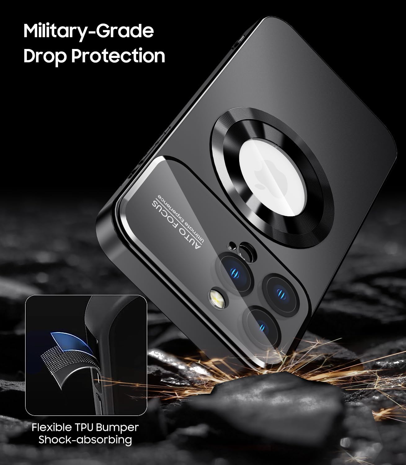 Magnetic for iPhone 12 Pro Max Case, Compatible with MagSafe, Built-in Camera Lens Protector, Logo View, Military Grade Drop Proof Phone Case Cover, Black