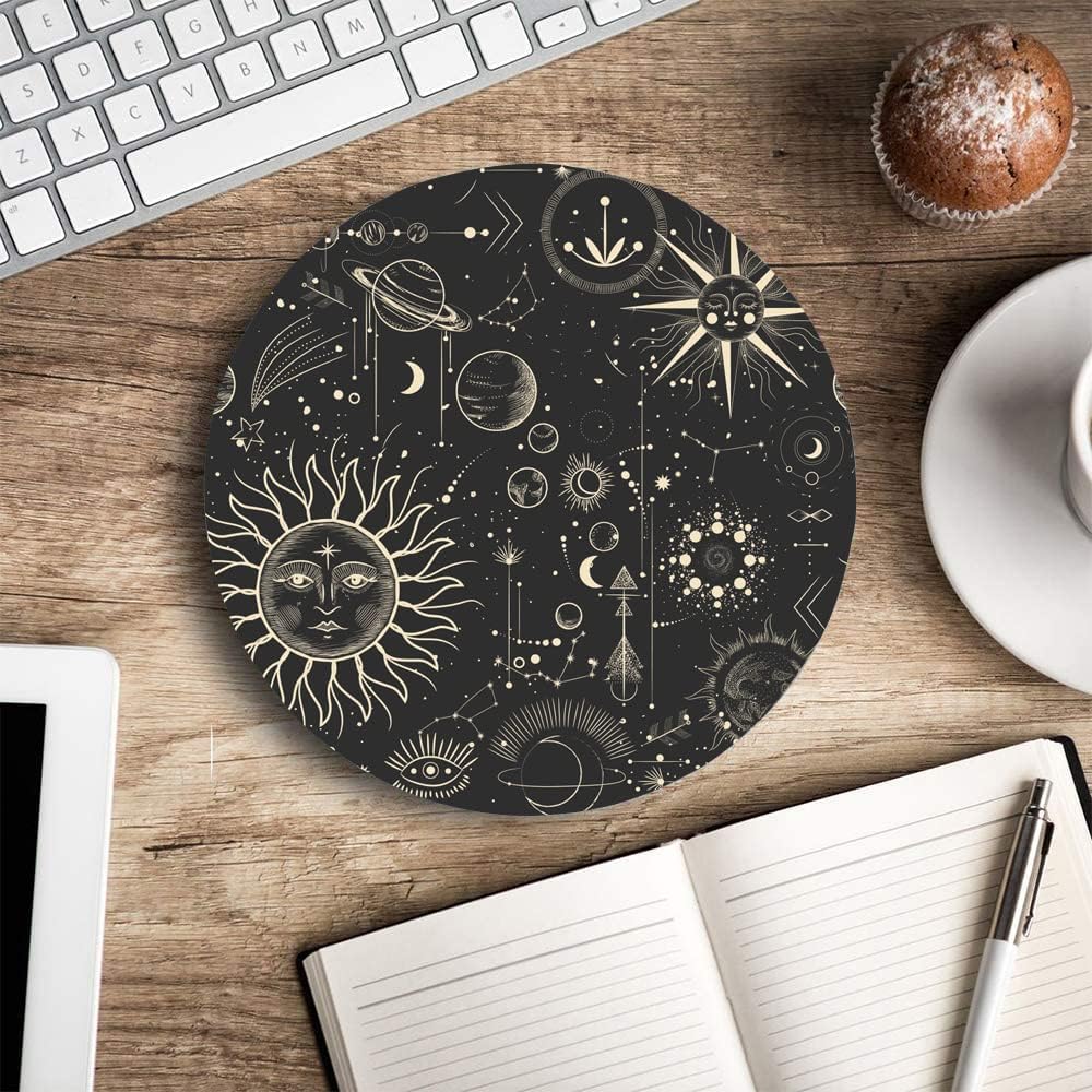 Round Mouse Pad, Celestial Pattern Sun and Moon Mouse Pad, Washable Gaming Mousepads with Lycra Cloth, Non-Slip Rubber Base Computer Small Mouse Pads for Wireless Mouse