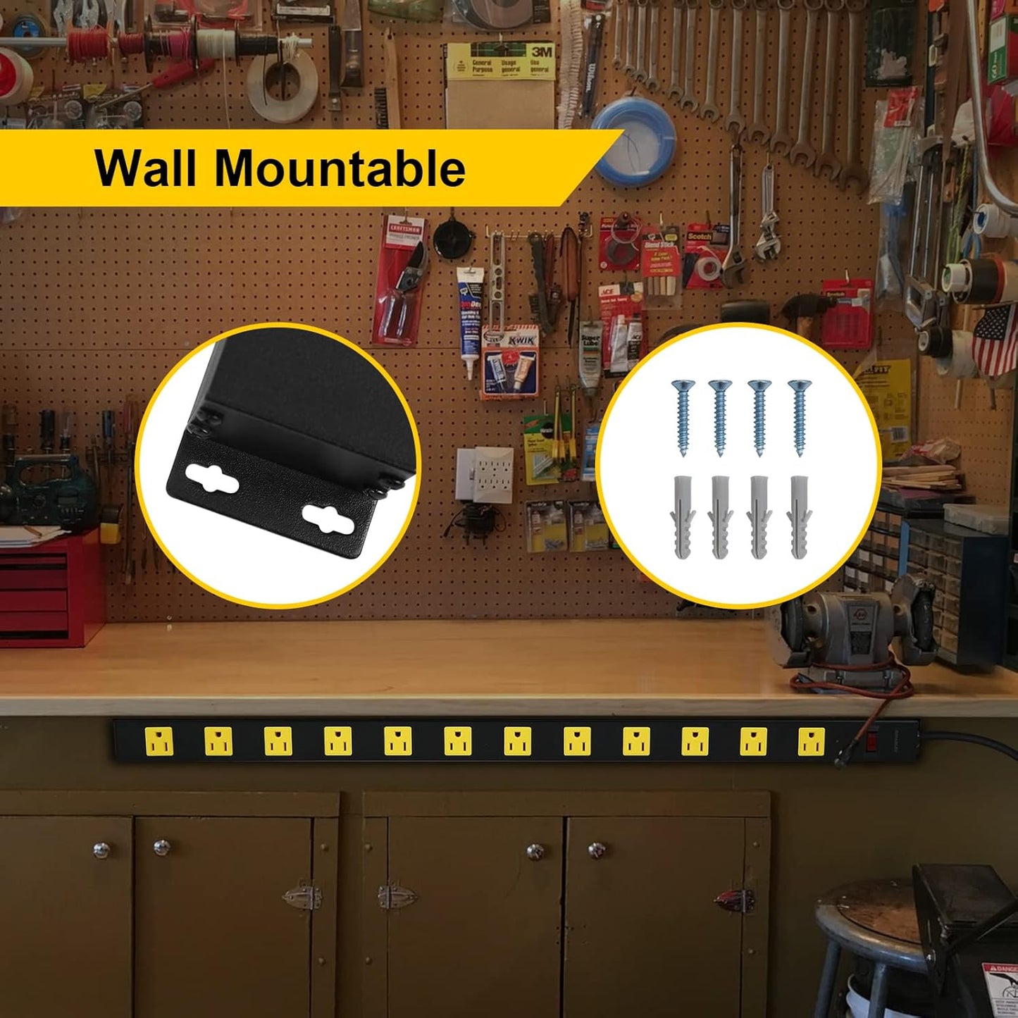 SURAIELEC 12 Outlet Long Metal Power Strip, 15FT Cord Surge Protector, Angled Flat Plug, Wide Spaced Outlet Bar, 15A Breaker, Wall Mountable, Industrial Heavy Duty for Work Bench, Shop, Garage, 2 Pack