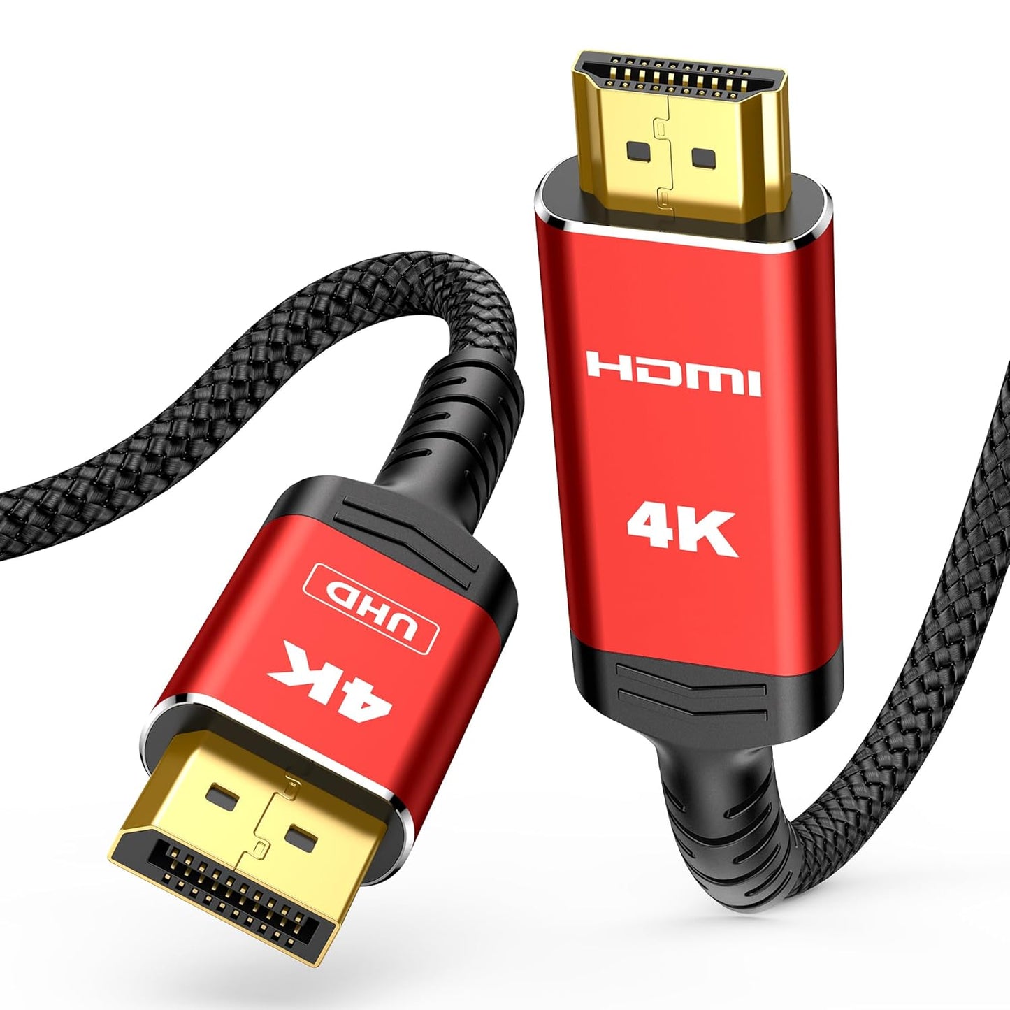 Highwings 4K DisplayPort to HDMI, 6.6ft DP to HDMI 1.4 Uni-Directional Cable, 4K@30Hz, 2K@60Hz, 1080P Full HD, Nylon Braided Cord for Dell, NVIDIA, AMD, HP, Monitor, Projector, Desktop (Red)