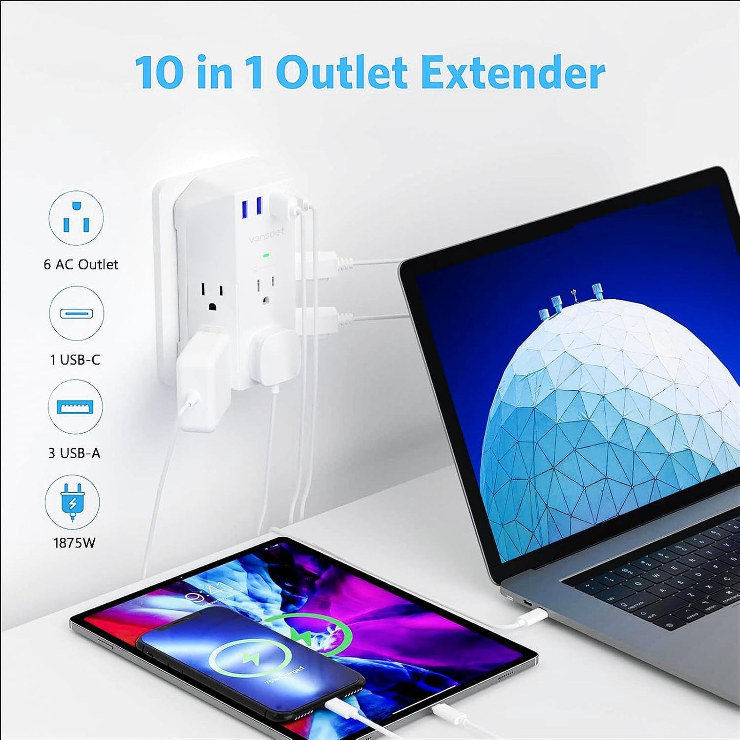 Outlet Extender, Vansoet 6 Outlet Splitter with 4 USB Ports(1 USB C PD 20W), 2100J Surge Protector Power Strip, 3 Side Multi Plug Outlet for Travel, Home, Office, Dorm
