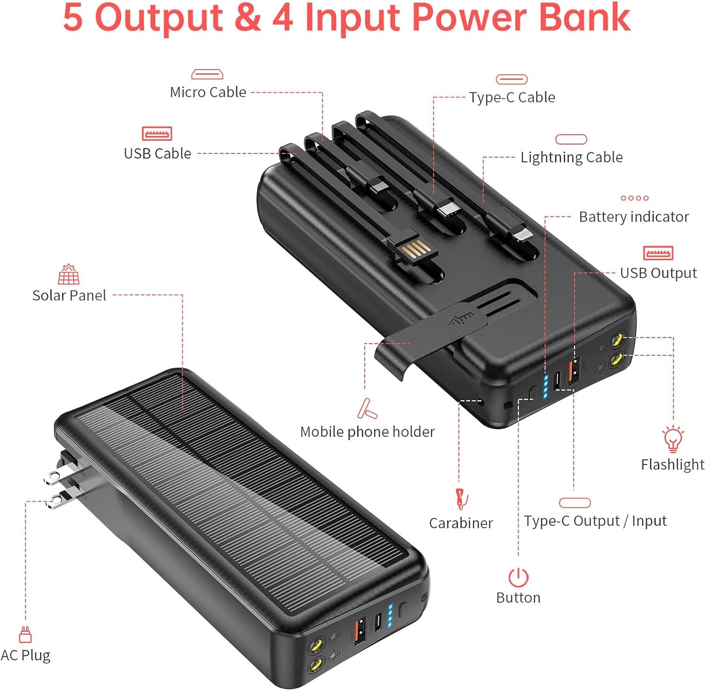 Portable Charger with Built in Cable and Wall Plug 50000mAh PD30W Fast Charging Solar Power Bank with 5 Output & 2 Input Dual LED Flashlights Phone Holder External Battery Pack (Black)