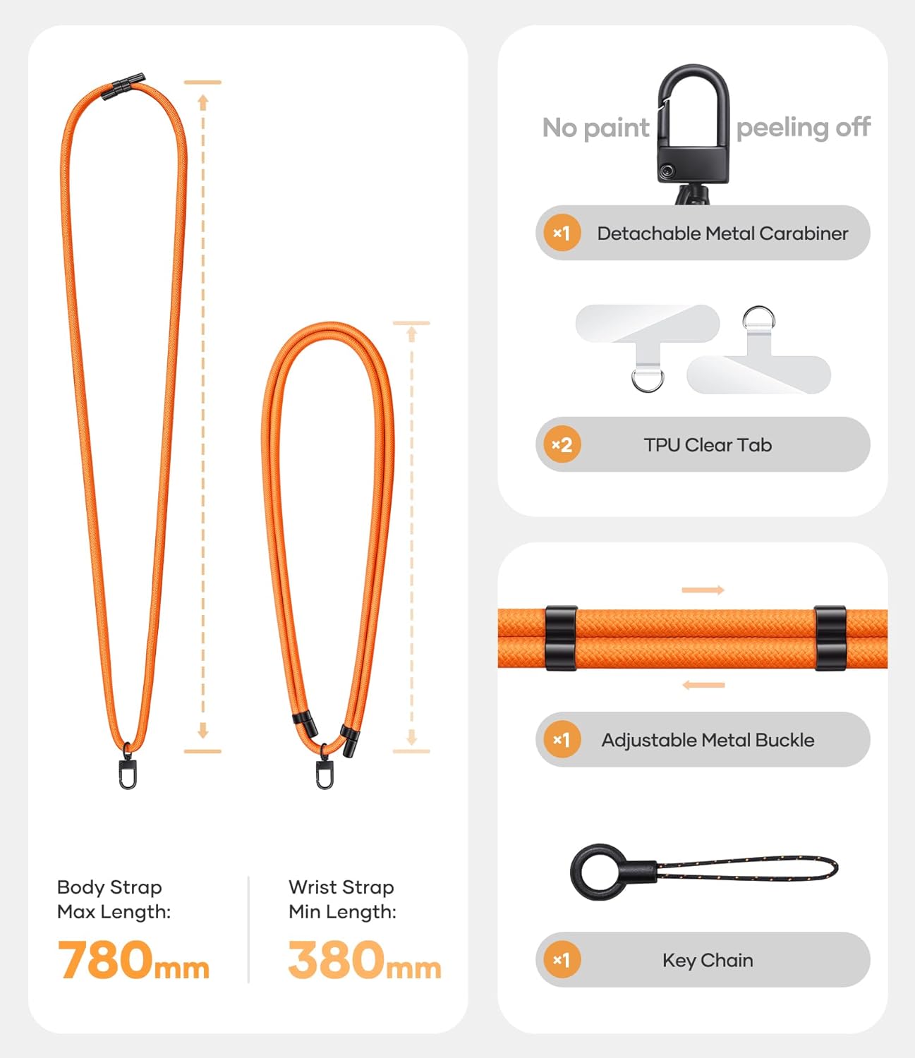 for Phone Lanyard Crossbody with 2X TPU Clear Phone Tabs, Multi-Function Crossbody Strap, Premium Metal Carabiner, Safety Durable Anti Theft Drop Protection Phone Neck Wrist Strap, Orange
