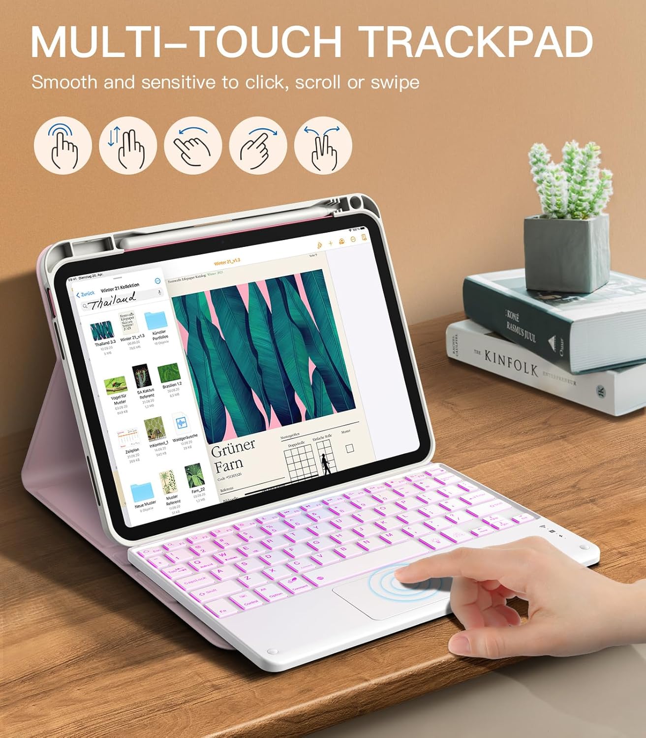 MoKo Touch Keyboard Case for iPad (A16) 11th Generation 11 inch 2025, iPad 10th Generation 10.9 inch Case with Pencil Holder, 7 Colors Backlit Multi-TrackPad Detachable Bluetooth Keyboard,Nosegay Pink