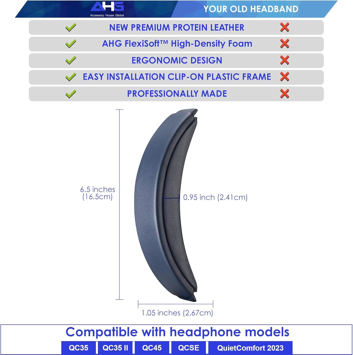 QC35 II Headband Pad Cushion Cover Compatible With Bose QuietComfort 35 Headphones (Blue) - Easy Clip-on Design, Premium PU, FlexiSoft High-Density Foam