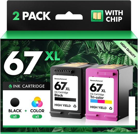 67XL Ink Cartridges Black Tri-Color Combo Pack Replacement for HP Ink 67 67XL Compatible with DeskJet 2855e 2755e 2700 2700e 2800e 4155e 4255e 2734e 4100 2827e 4100e Envy 6055e 6000 6400 6455e Printer