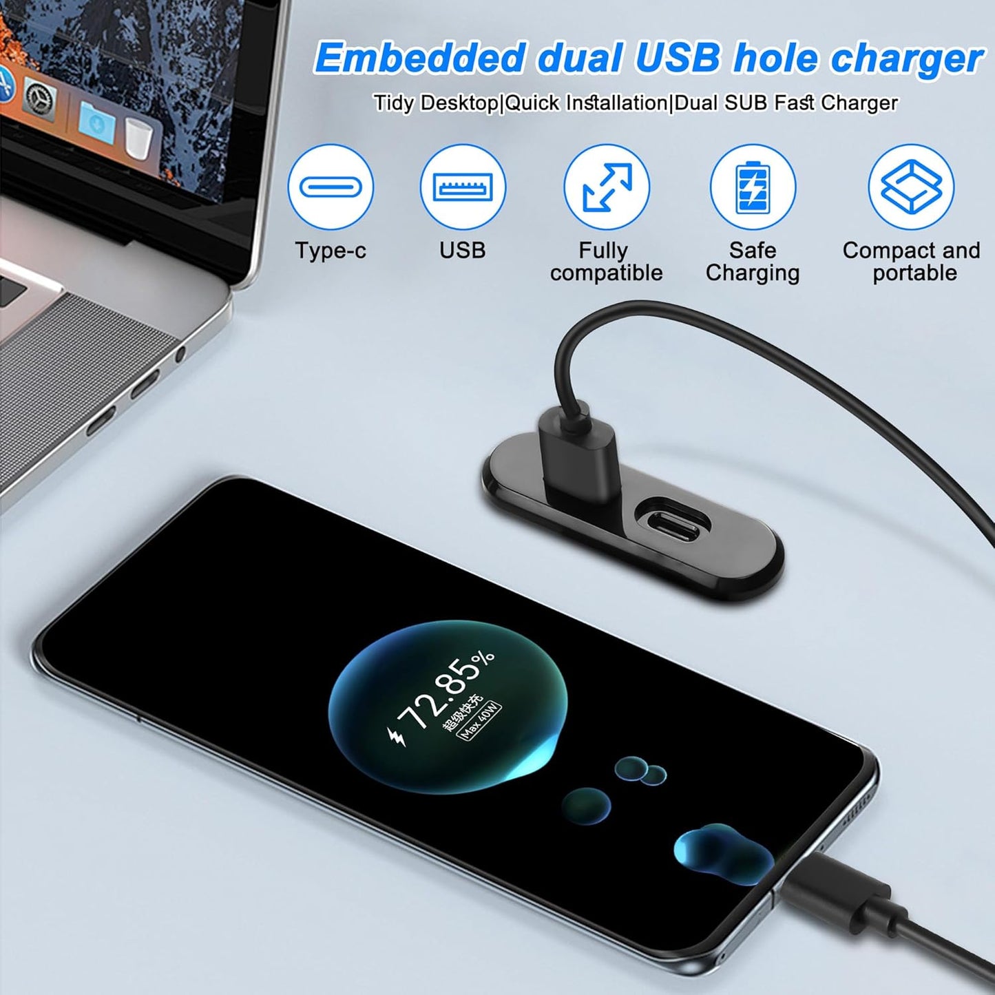 XMSJSIY USB USB C Desk Power Grommet Outlet 5V/2A USB/Type-C Embedded Charging Port Phone Desktop Charger Scoket Station for Sofa Table Bedside Workbench Office,Home-1.2M/3.9FT