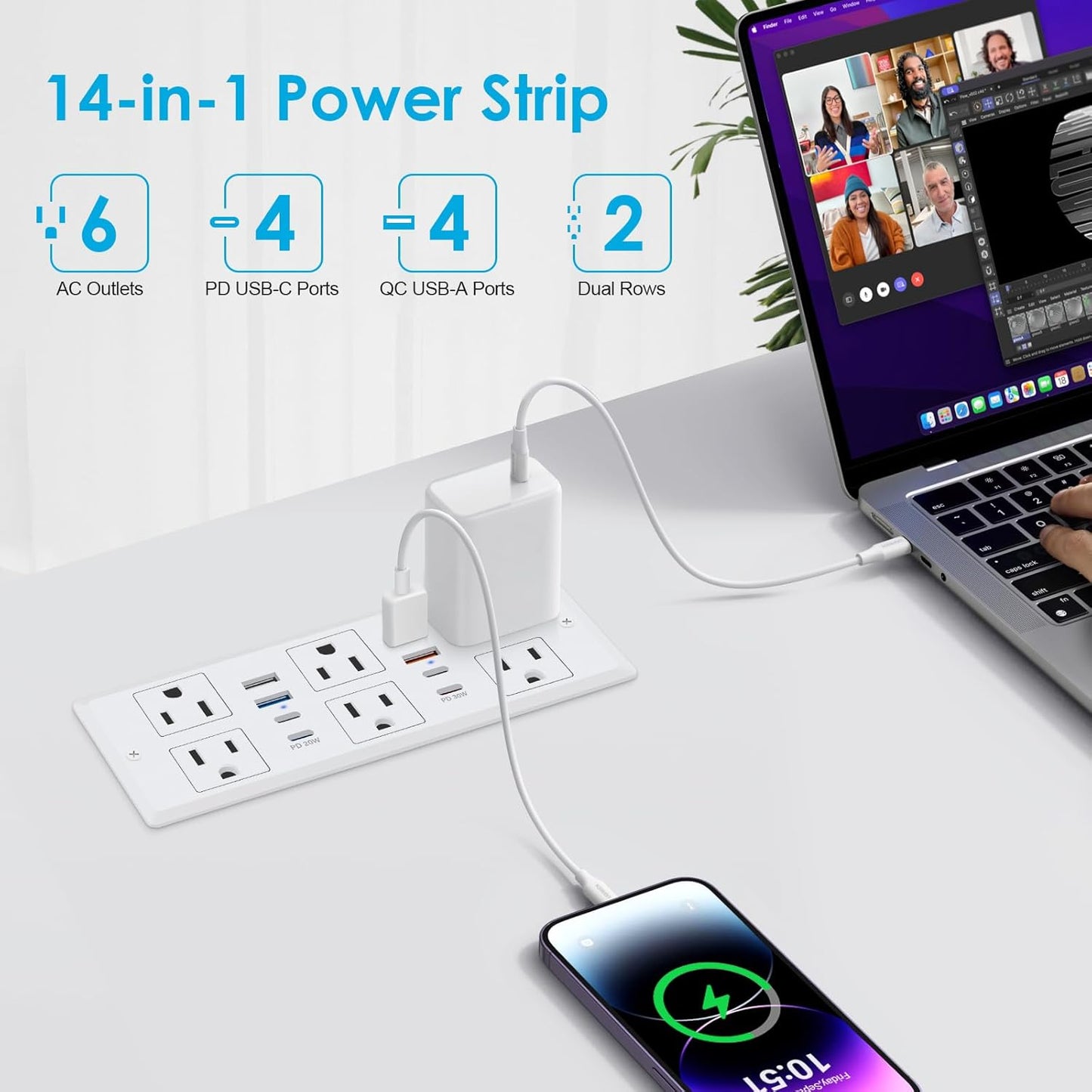 30W Recessed Power Strip USB C, Desk Flush Mount Outlet Plug in 6 AC & 8 USB Ports for Furniture Conference Power Hub, 6FT