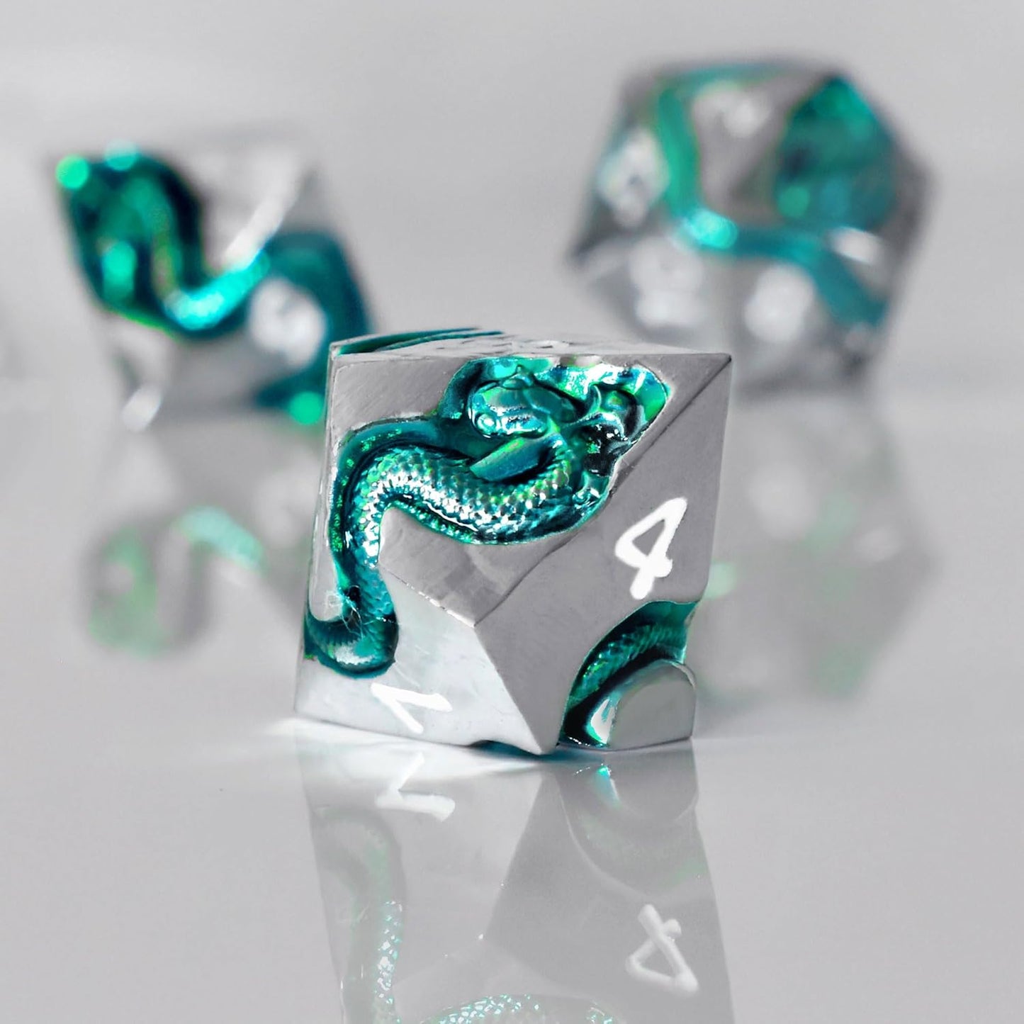 RULE DICE Serpent's Cunning Metal DND Dice Set - 7pc Polyhedral D&D Dice for Dungeons and Dragons, RPGs Like Pathfinder - Emerald Green Snake Design, Balanced for Critical Rolls