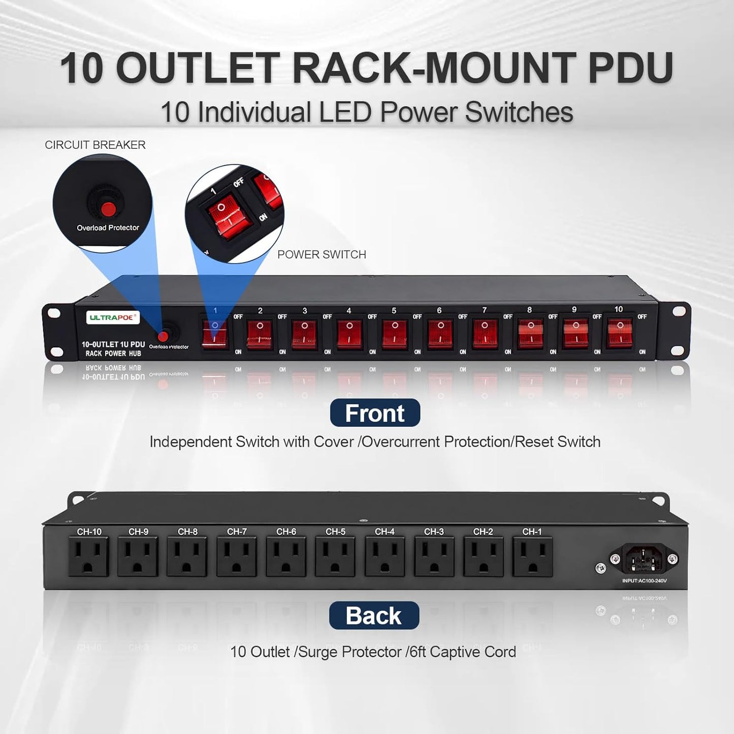 10-Outlet 1U Horizontal PDU Rack Mount Power Strip - Surge Protector,100-240V/15A/1800 Joules,for Network Servers,Power Conditioner with 10 Individual Switches and 6 ft Power Cord