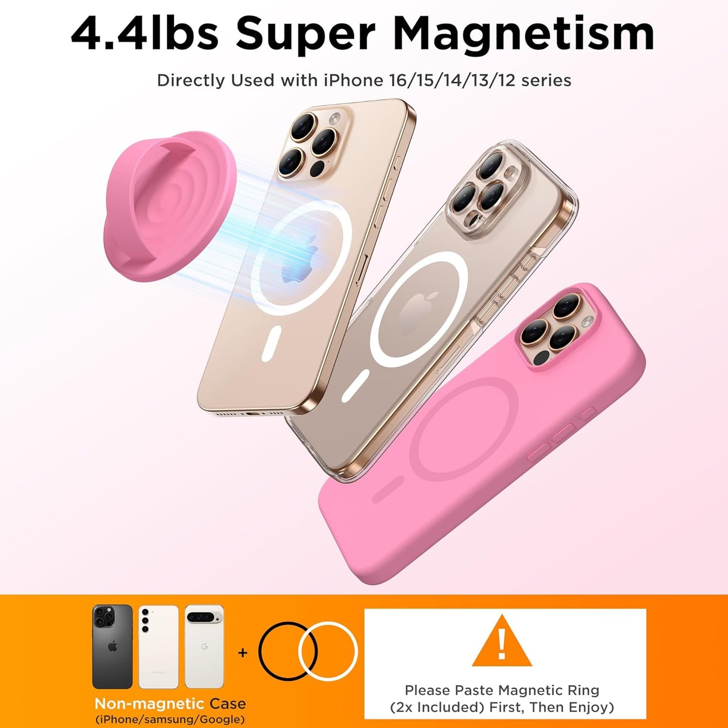 Magnetic Phone Ring Grip Holder, Silicone Finger Loop Grip, Compatible with MasSafe, Back of Phone for iPhone Pro Max/Plus/16/15/15/14/13/12 Series, Tender Pink