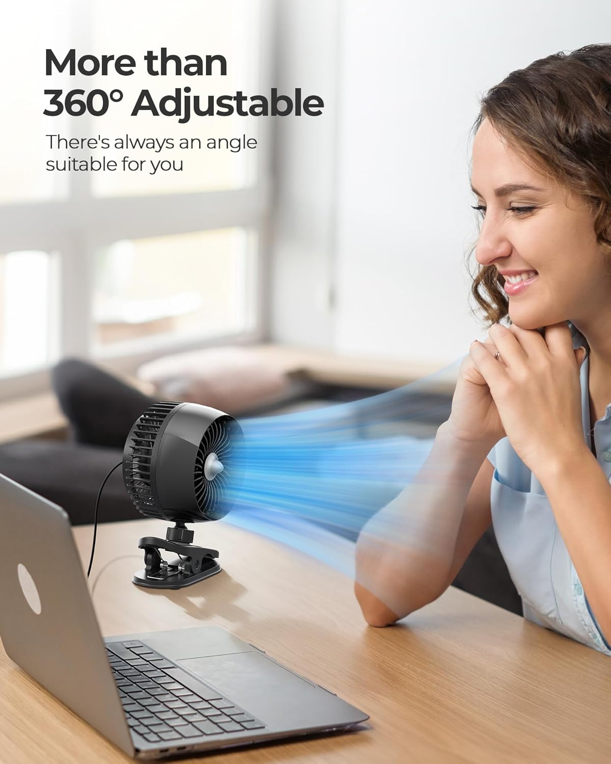 Koonie USB Clip on Fan, Strong Wind Ultra Quiet Small Desk Fan with Strong Clamp, More Than 360° Adjustable, 3 Speeds USB-C Corded Powered, Mini Personal Fan for Home Office Desktop Black