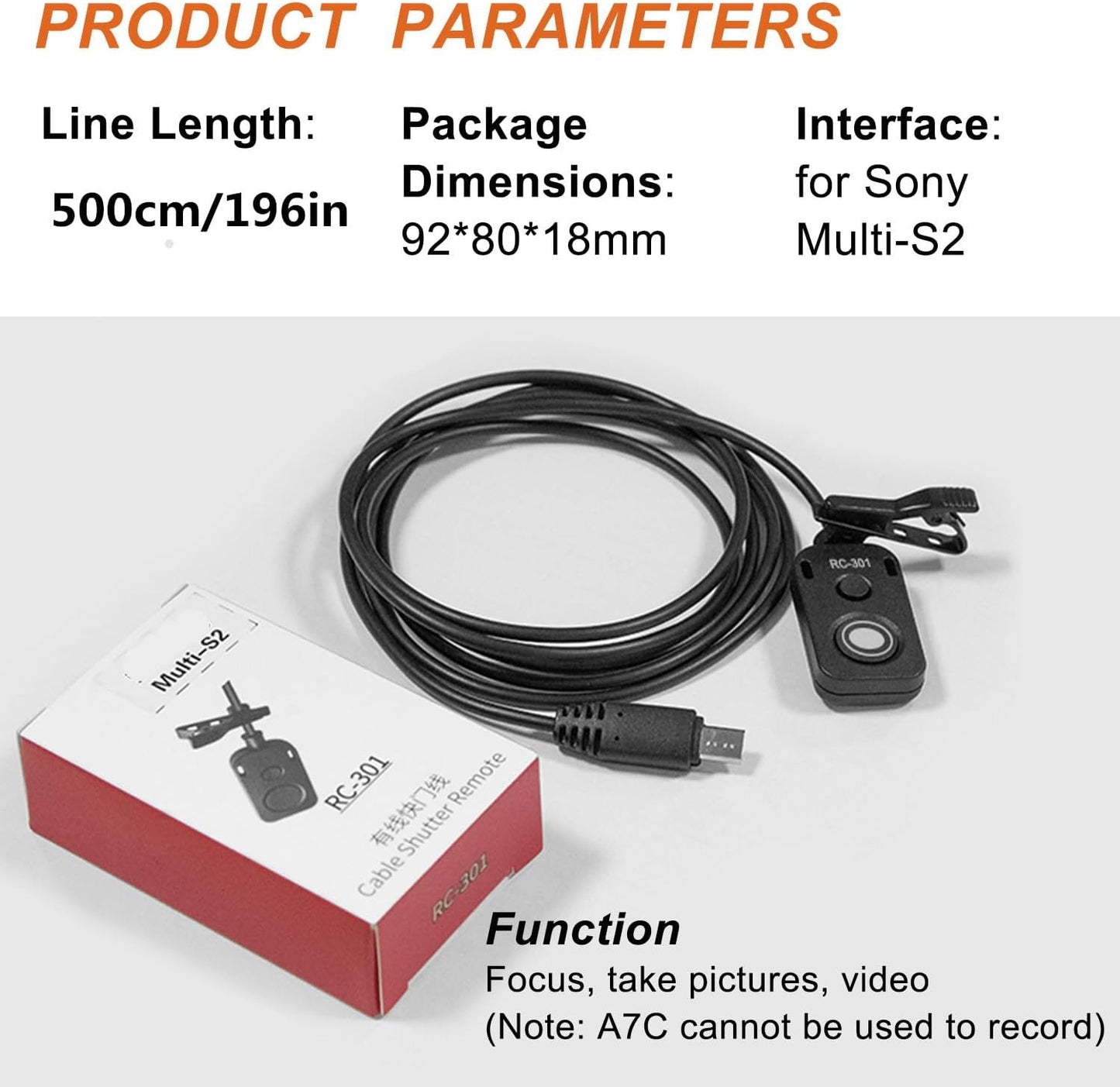 Small Release Shutter Remote Control Cable RC-301 S2 for Sony Support Video Camera Cable a7m4 a7r4 a7r2 r3 m2 a9 a1 a6600 a6500 (500cm/196in)