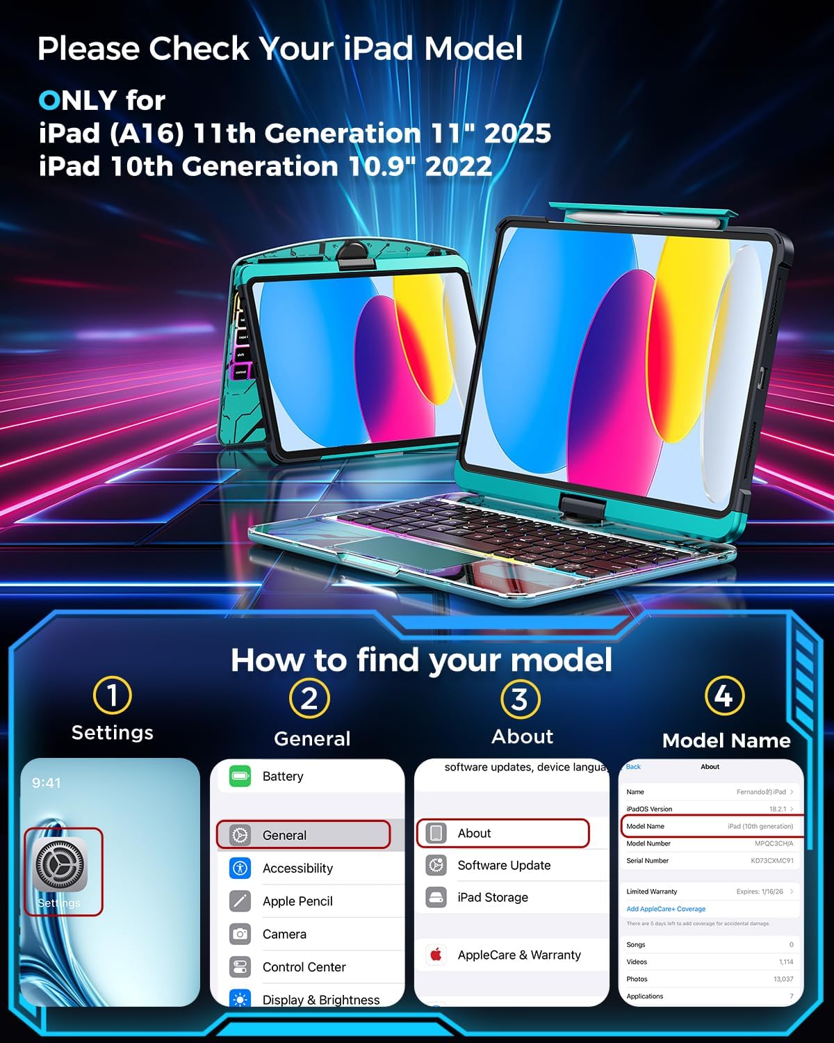 SIBEITU Keyboard Case for iPad A16 11th Gen 11" 2025 & 10th Gen 10.9" 2022, Clear Wireless Keyboard Protective Cover with Multi-Touch Trackpad, 7-Color Backlight & 3-Brightness, 360 Rotatable, Blue