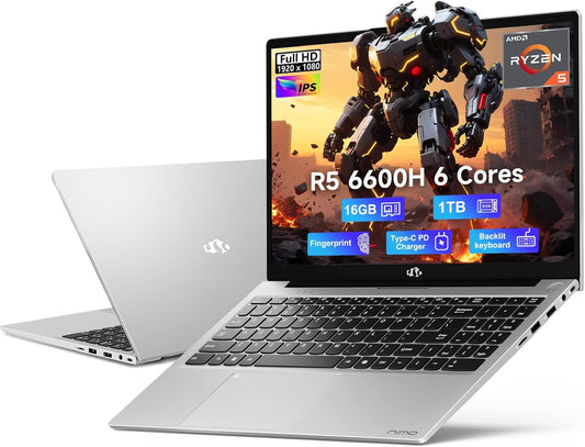 NIMO 15.6" IPS FHD-Gaming-Laptop, AMD Ryzen 5 6600H 6-Cores 660M GPU 16GB DDR5 RAM 1TB SSD(Beat i7-1165G7, Up to 4.5GHz) Computer with 100W GaN Type C Fingerprint Backlit Keyboard Win 11