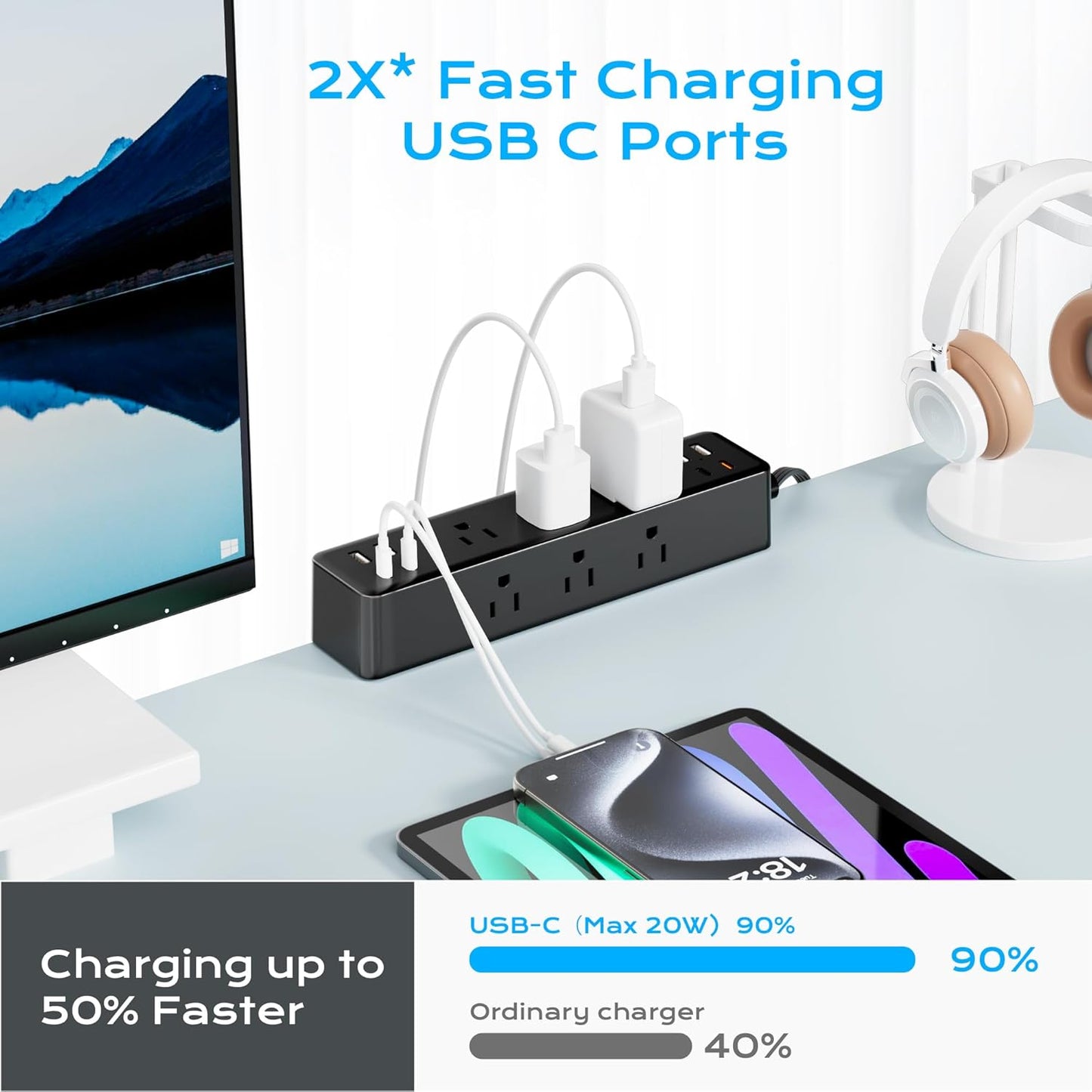 Flat Plug Desk Clamp Power Strip 10FT, 40W Total Fast Charging Station, Dual PD 20W USB C Ports, Desk Edge Mount Power Strip 9 AC Outlets 8 USB Ports(4 USB C) Surge Protector, Fit 1.7" Tabletop Edge