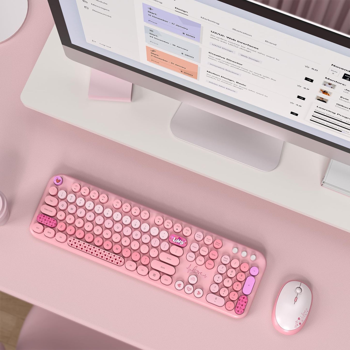 KNOWSQT Wireless Keyboard and Mouse Combo - Lovely Pink Rainbow Full-Sized Typewriter Colorful Keyboards, Round Keycap USB Plug Play Retro Cute Keyboards for Windows, Laptop, PC, Desktop, Computer