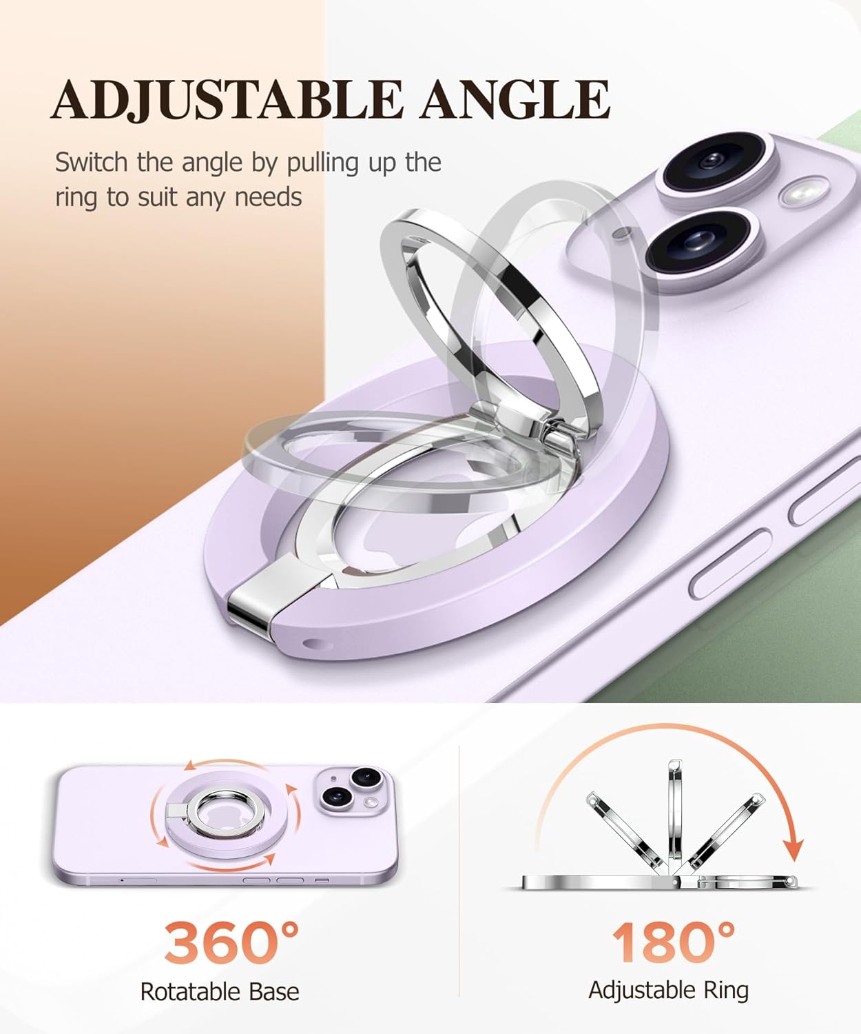 GVIEWIN Magnetic Phone Ring Holder, Compatible with MagSafe Phone Grip with Adjustable Stand, Magnet Phone Ring Kickstand for iPhone 16 Pro Max/Plus/15/14/13/12 Series/Other Phones (Lilac)