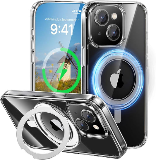 MAGIC JOHN for iPhone 15 Case 360° Rotatable Magnetic Invisible Stand, Fit for MagSafe 15 Phone Case, 16FT Military Grade Shockproof for iPhone Case with Kickstand, Clear