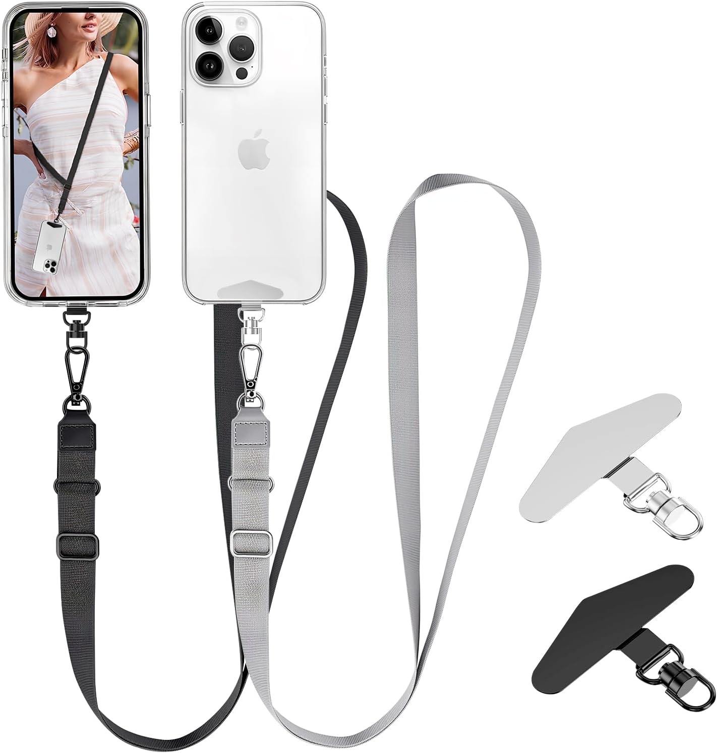 Adjustable Crossbody Cellphone Lanyard for iPhone, Includes 2 Lanyard,2 Pcs TPU phone tether tab, Black＋Clear