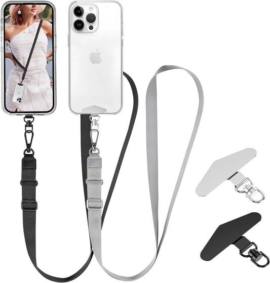 Adjustable Crossbody Cellphone Lanyard for iPhone, Includes 2 Lanyard,2 Pcs TPU phone tether tab, Black＋Clear